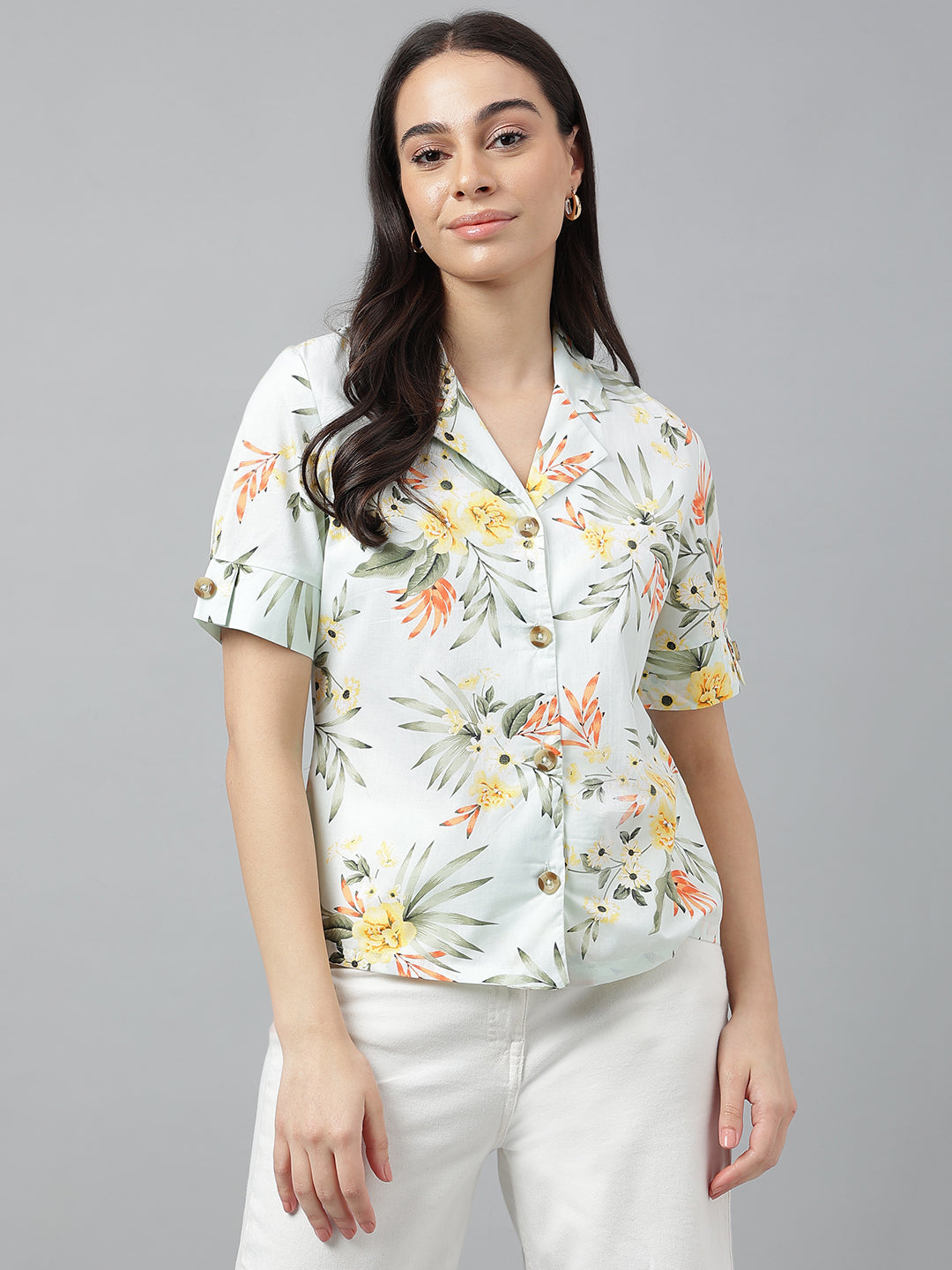 Women Green &Multi Prints Pure Cotton Regular Fit Casual Shirt