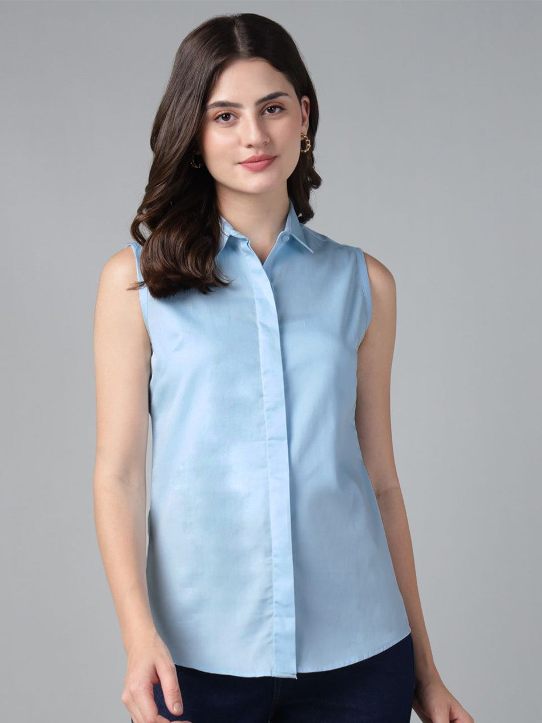 Hancock Women Sky Blue Solid Pure Cotton Sleeveless Slim Fit Formal Sh