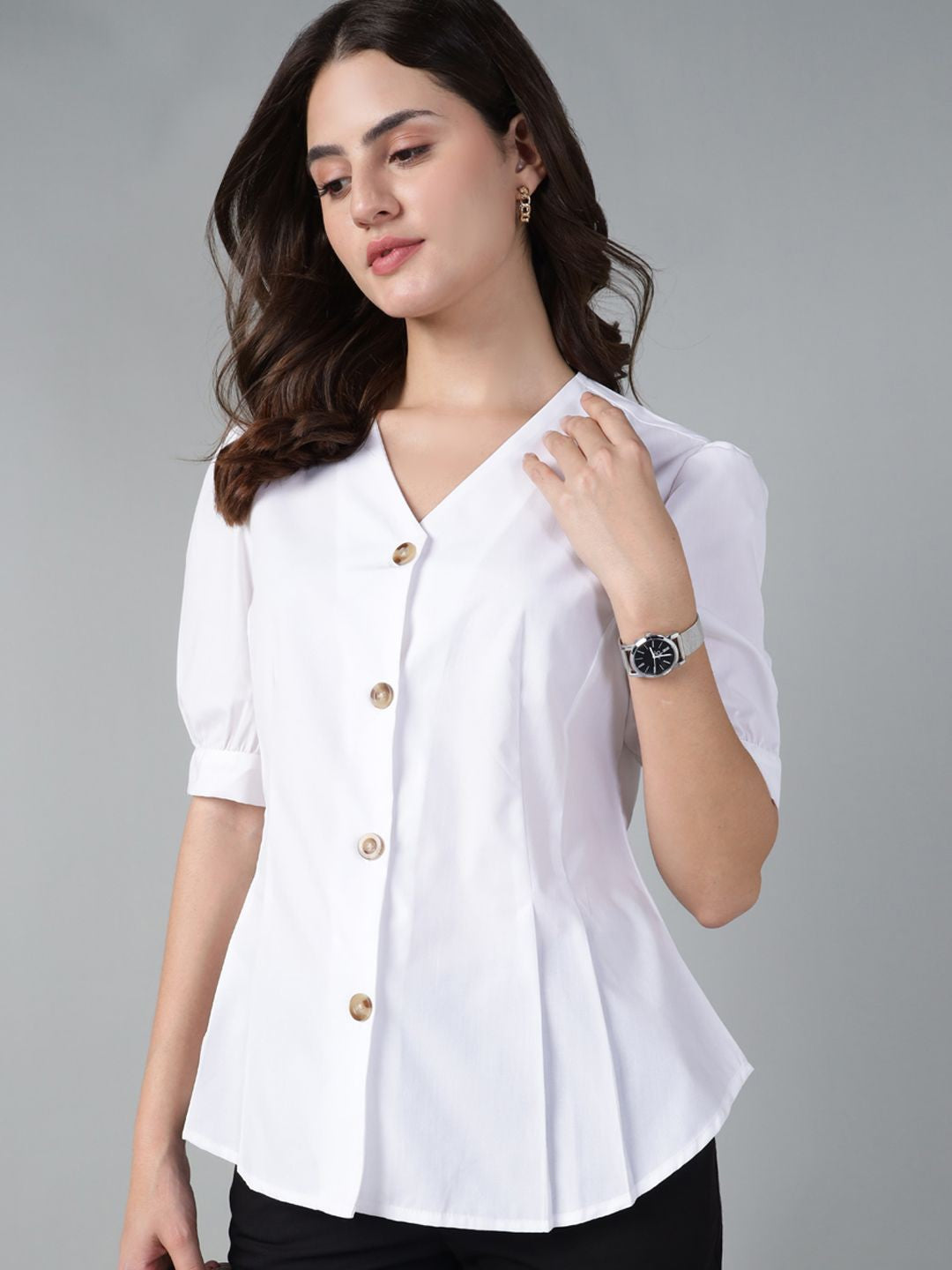 Hancock Women White Solid Pure Cotton V-Neck Pleated Regular Fit Formal  Shirt