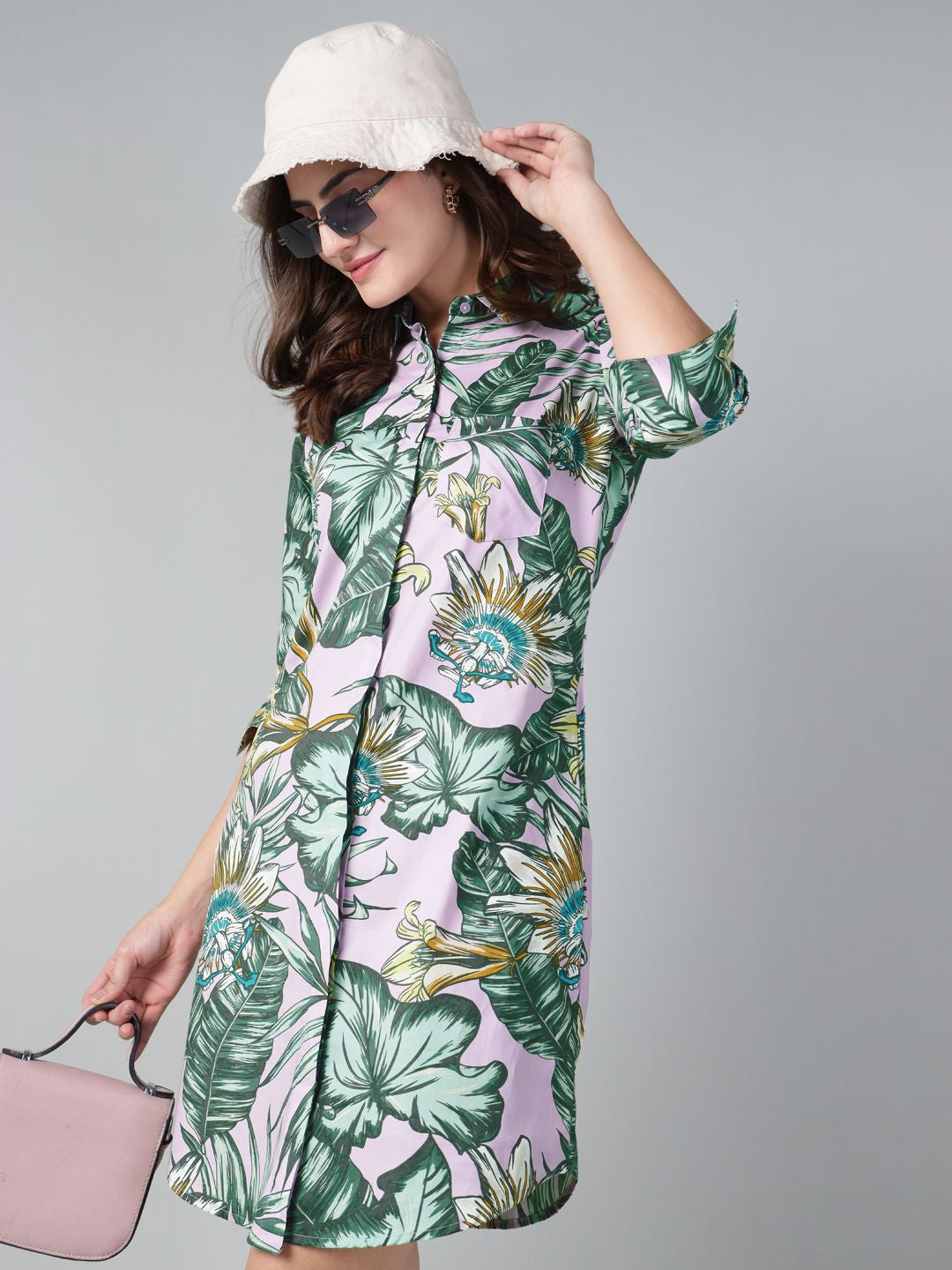 Hancock Women Lavender & Green Prints Spread Collar Regular Fit Formal Dress Hancock Women Lavender & Green Prints Spread Collar Regular Fit Formal Dress