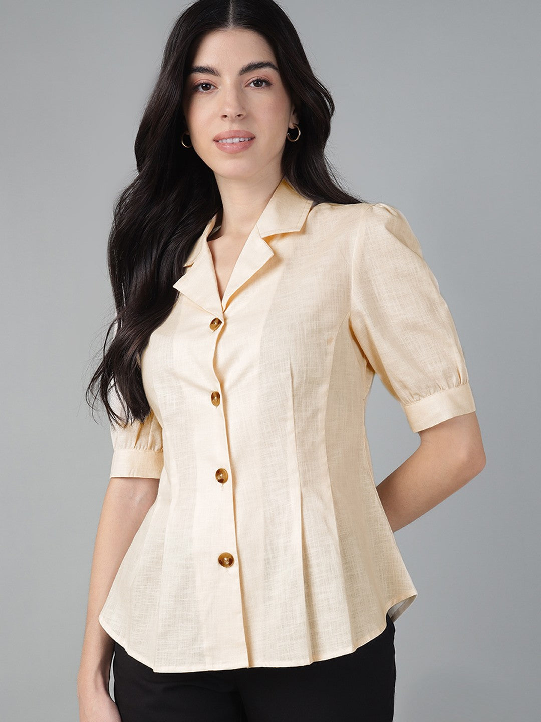 Hancock Women Beige Solid Lapel Collar Regular Fit Formal Shirt