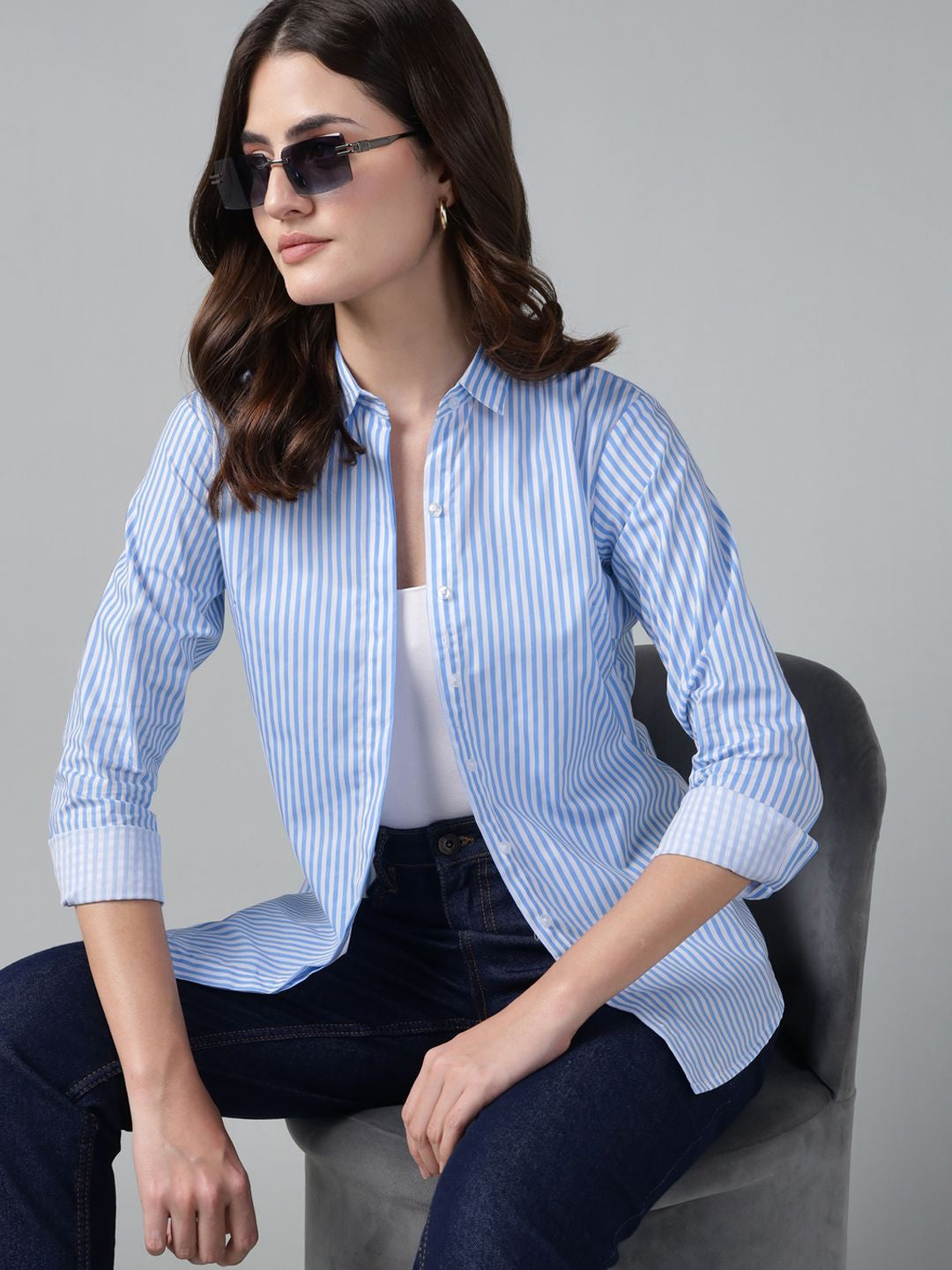 Hancock Women Blue White Stripe Pure Cotton Slim Fit Casual Shirt