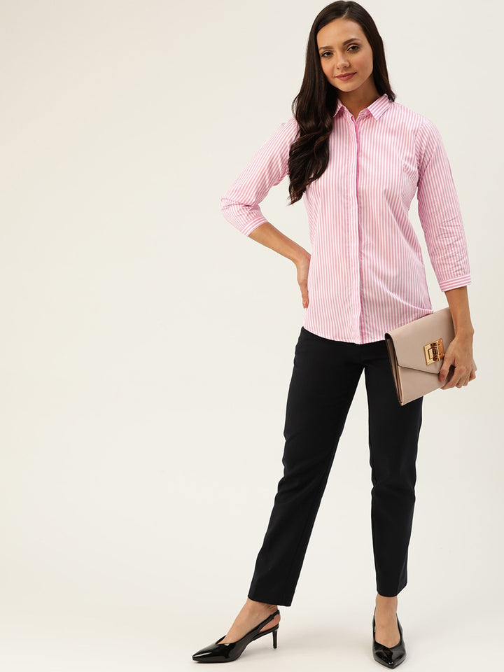Women Pink & White Checks Pure Cotton Slim Fit Formal Shirt