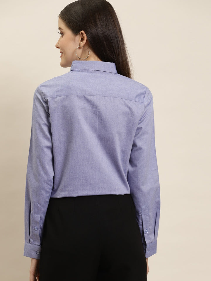 Women Blue Solid Chambray Cotton Rich Slim Fit Formal Shirt