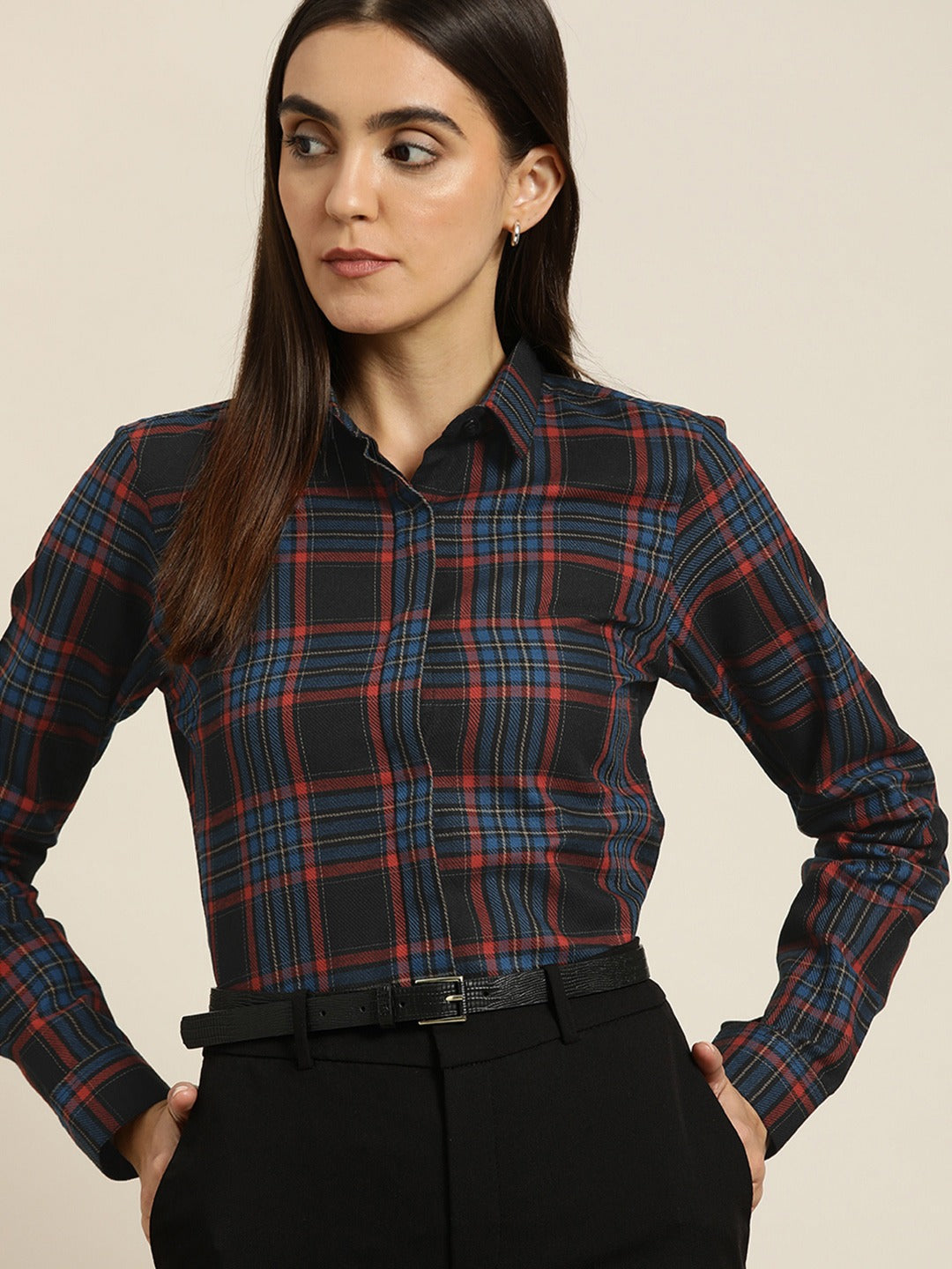 Women Black Red Tartan Plaided Checked Cotton Slim Fit Formal Shirt