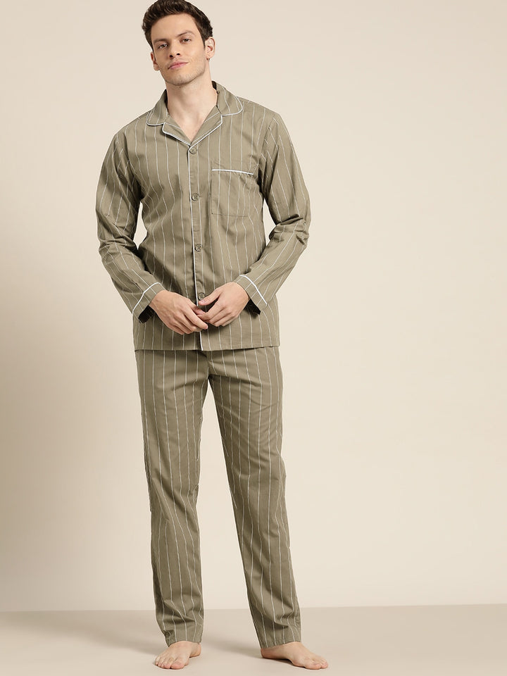 Men Grey Stripes Pure Cotton Regular Fit Night Wear Night Suit