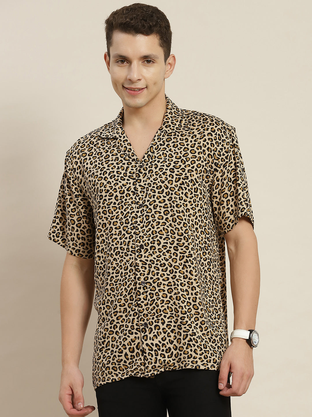 Beige Black Leopard Print Relaxed Fit Resort Shirt
