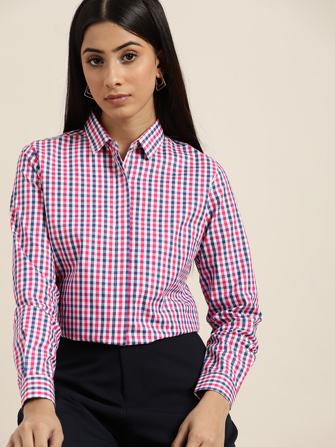Women White Pink Checks Pure Cotton Slim Fit Formal Shirt