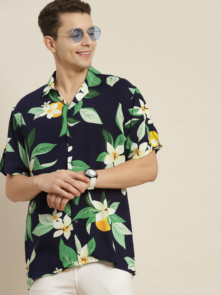 Men Navy & Green Printed Viscose Rayon Regular Fit Casual Resort Shirt