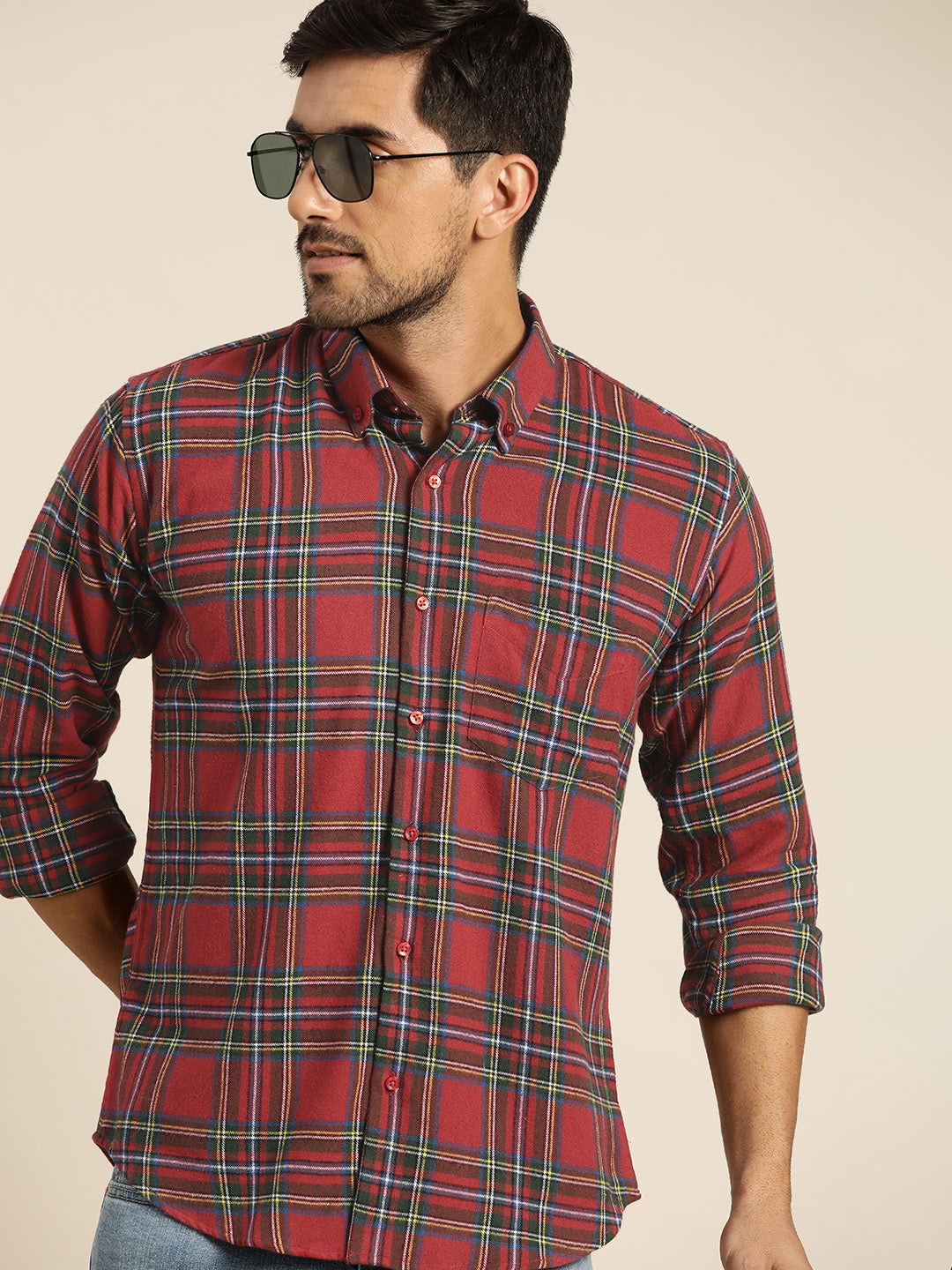 Men Red Green Checked Pure Cotton Slim Fit Casual Shirt