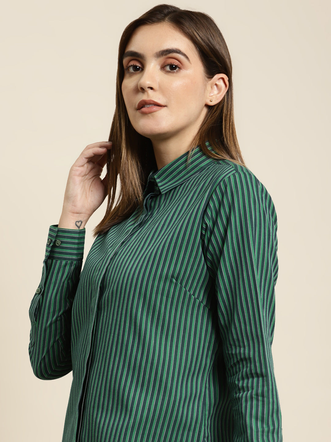 Ladies Green Striped Shirt 2026.Women Green Striped Pure Cotton Regular Fit Formal Shirt
