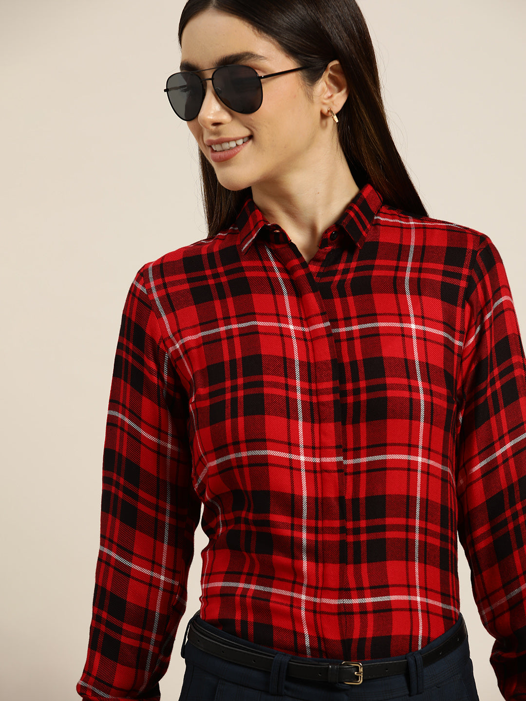 Women Red Black Checked Viscose Rayon Slim Fit Formal Shirt