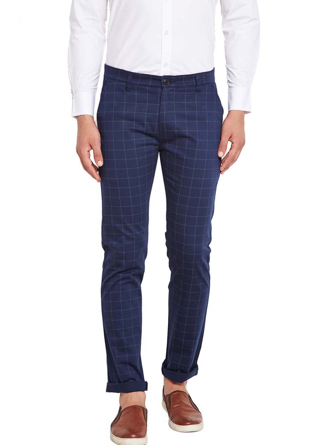 Men Navy Blue Self Design Checks Stretchable Mid Rise Slim Fit Chinos