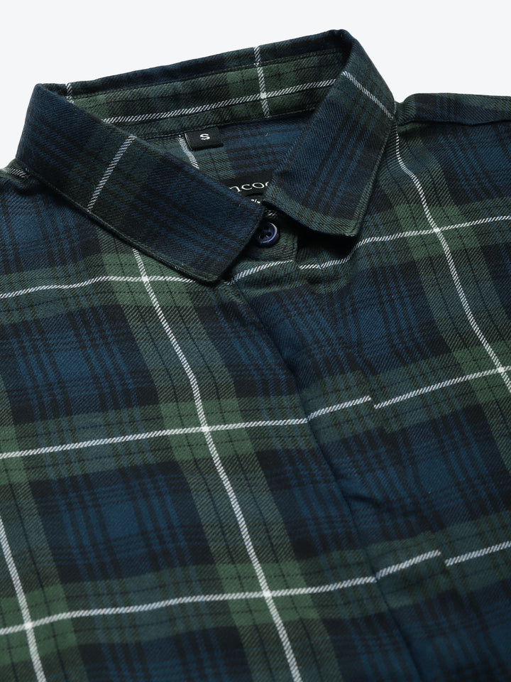 Women Navy & Green Checked Pure Cotton Regular Fit Formal Shirt