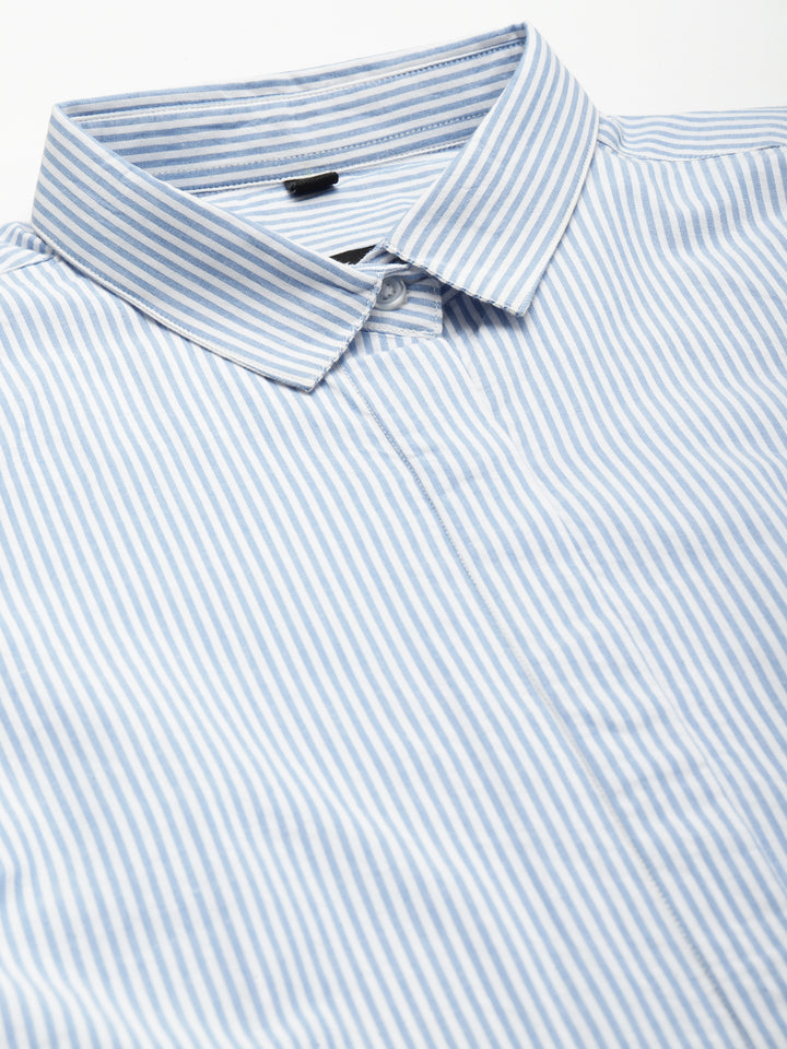 Women Blue & White Striped Pure Cotton Regular Fit Formal Shirt
