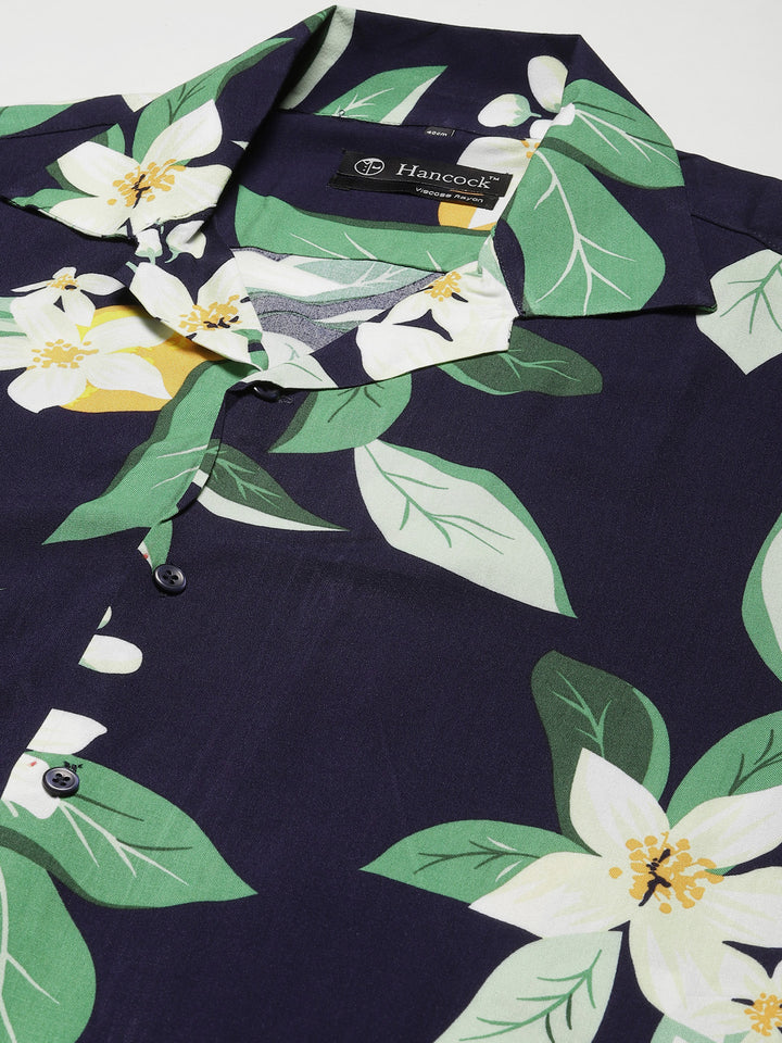 Men Navy & Green Printed Viscose Rayon Regular Fit Casual Resort Shirt