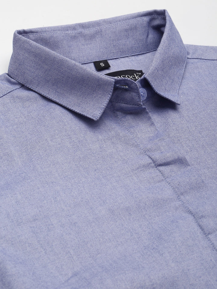 Women Blue Solid Chambray Cotton Rich Slim Fit Formal Shirt