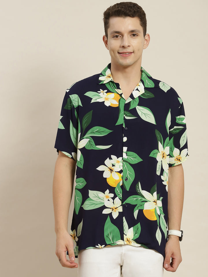Men Navy & Green Printed Viscose Rayon Regular Fit Casual Resort Shirt