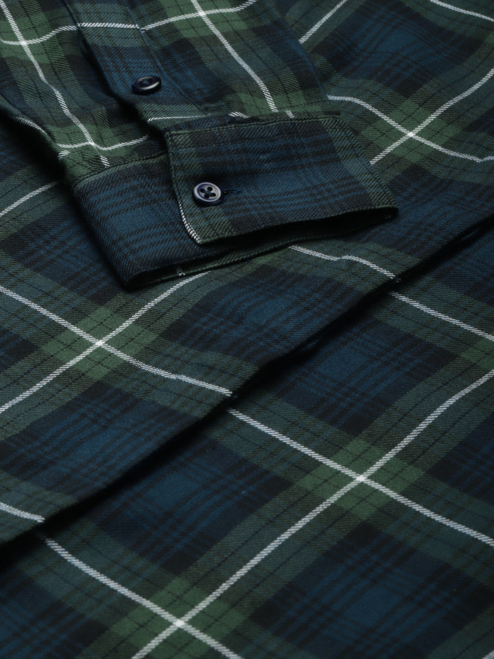 Women Navy & Green Checked Pure Cotton Regular Fit Formal Shirt