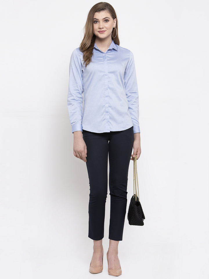 Women Blue Pure Cotton Solid Slim Fit Formal Shirt