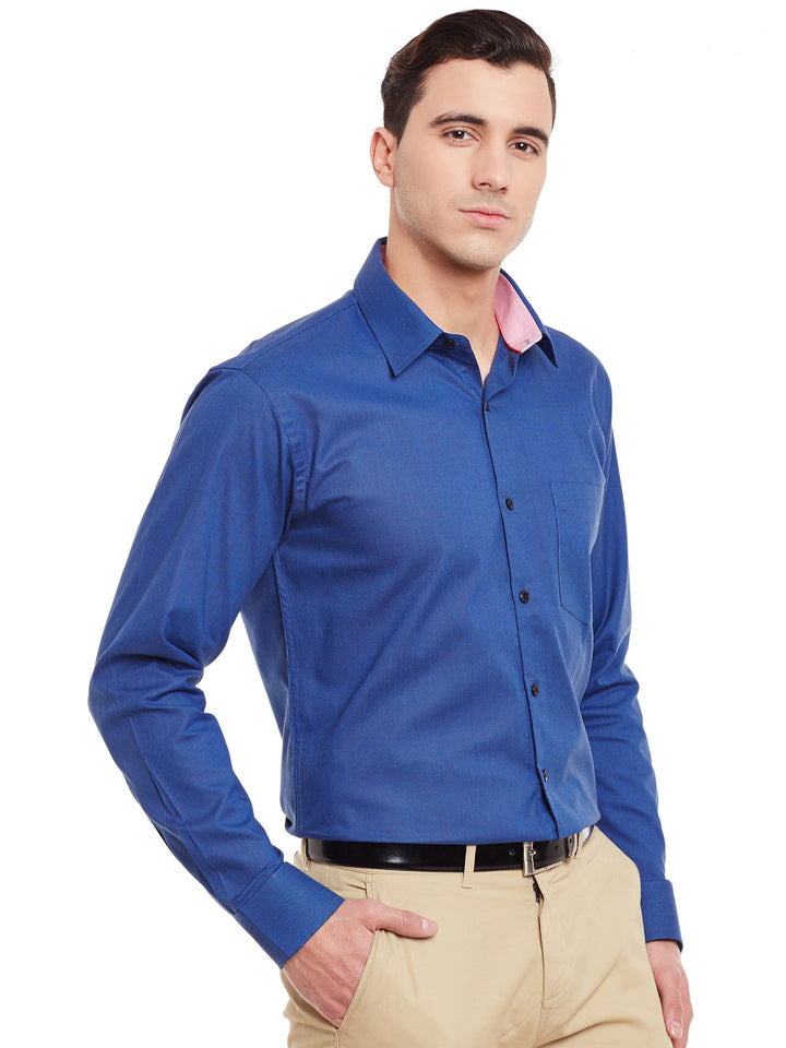 Men Royal Blue Self Design Pure Cotton Slim Fit Formal Shirt