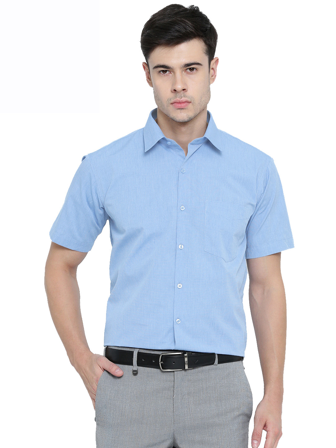 Men Sky Blue Solid Chambray Cotton Half Sleeve Formal Shirt
