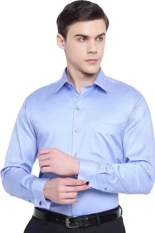 Men Blue Solid Slim Fit French Cuff Pure Cotton Formal Shirt