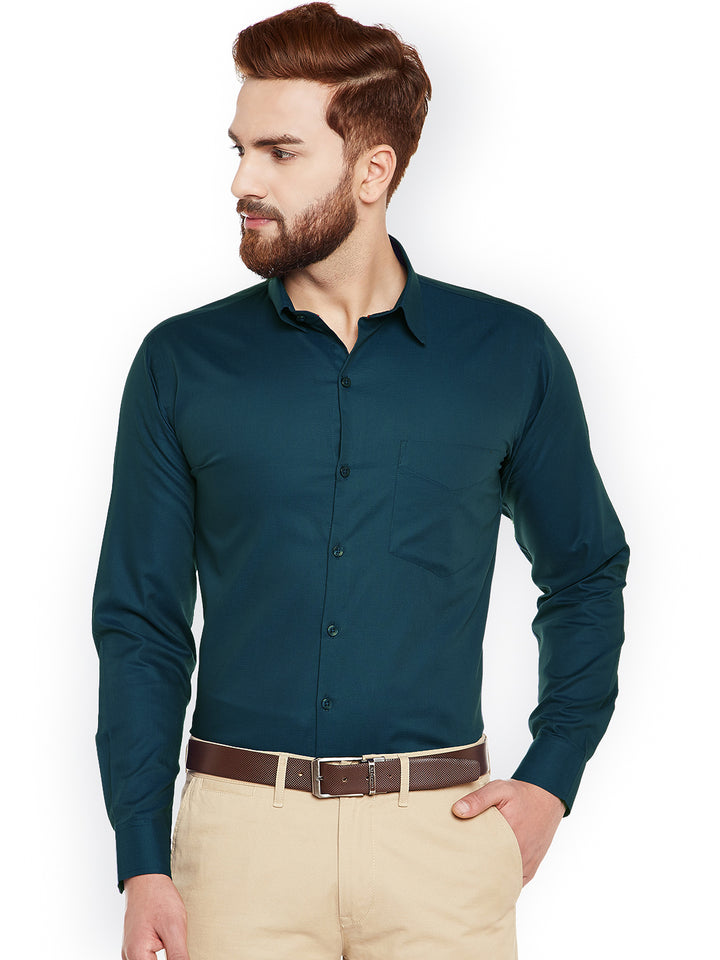 Men Turquoise Blue Self Desing Slim Fit Formal Shirt