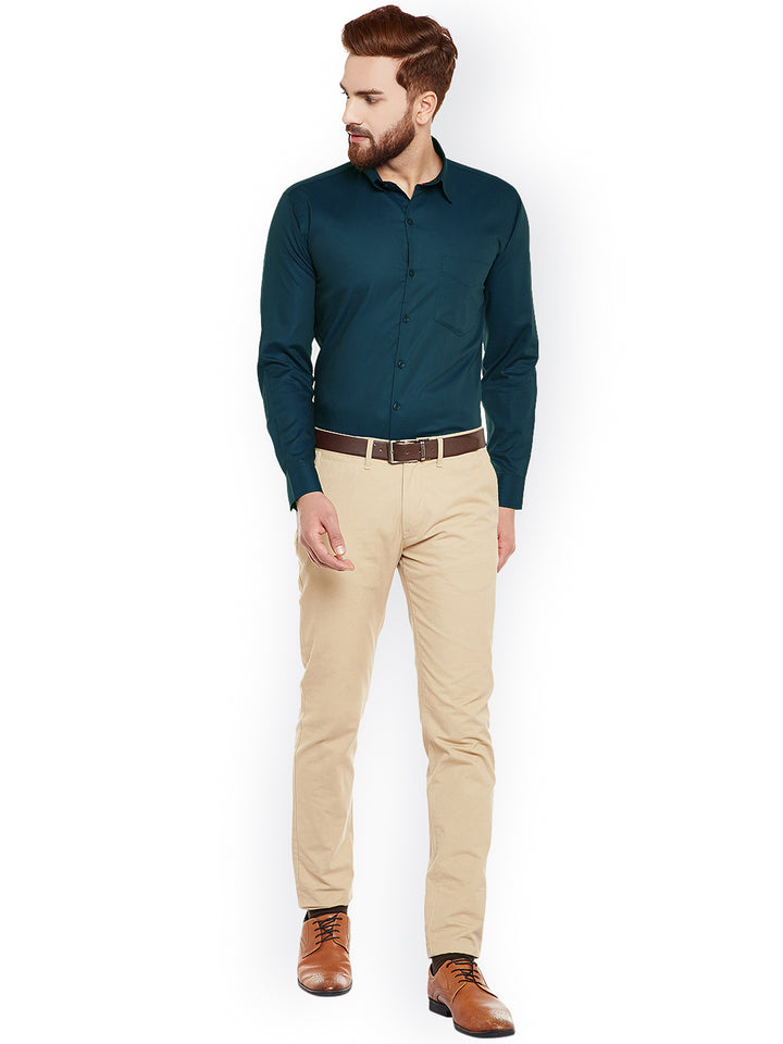 Men Turquoise Blue Self Desing Slim Fit Formal Shirt