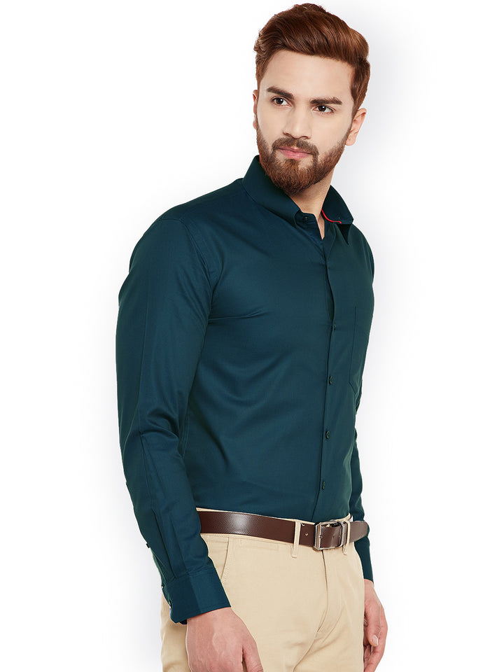 Men Turquoise Blue Self Desing Slim Fit Formal Shirt