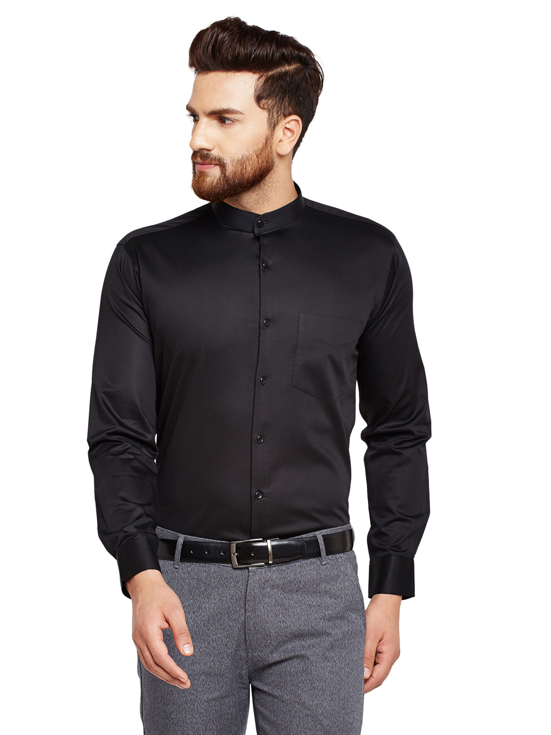 Hancock Men Black Solid Slim Fit Pure Cotton Satin Formal Shirt Hancock Men Black Solid Slim Fit Pure Cotton Satin Formal Shirt