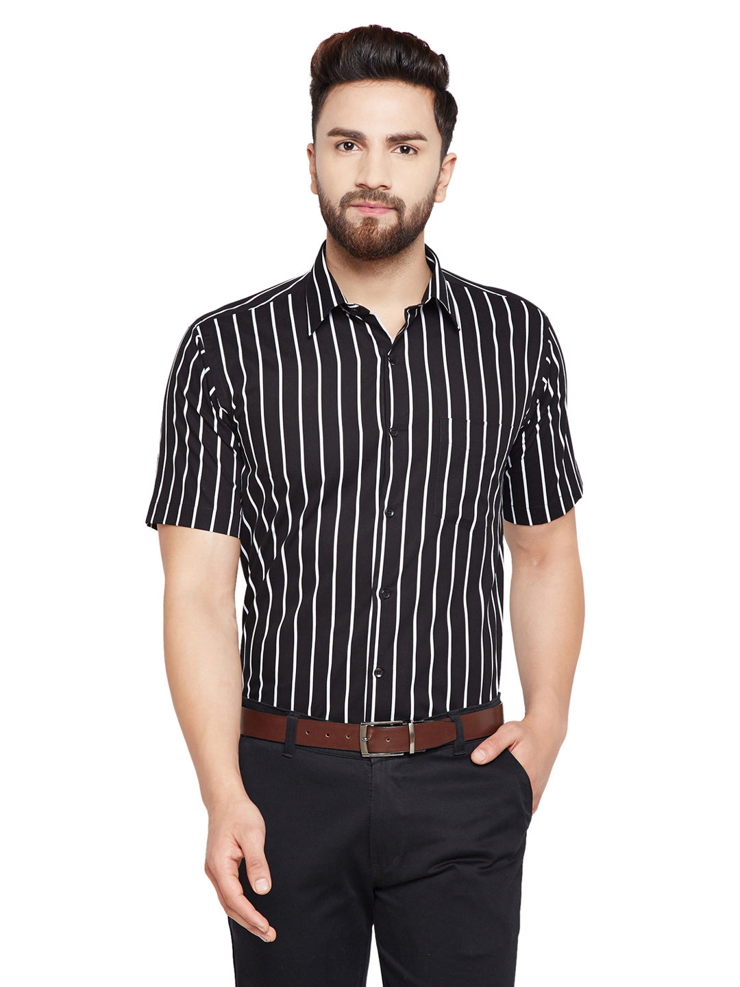 black dress shirt with white stripes Solemare Men's Blue Stripe Shirt, Large