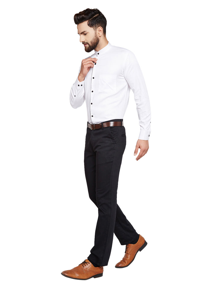 Men White Solid Mandarin Collar Slim Fit Pure Cotton Formal Shirt