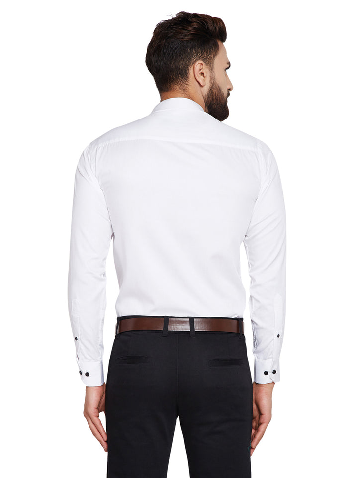 Men White Solid Mandarin Collar Slim Fit Pure Cotton Formal Shirt