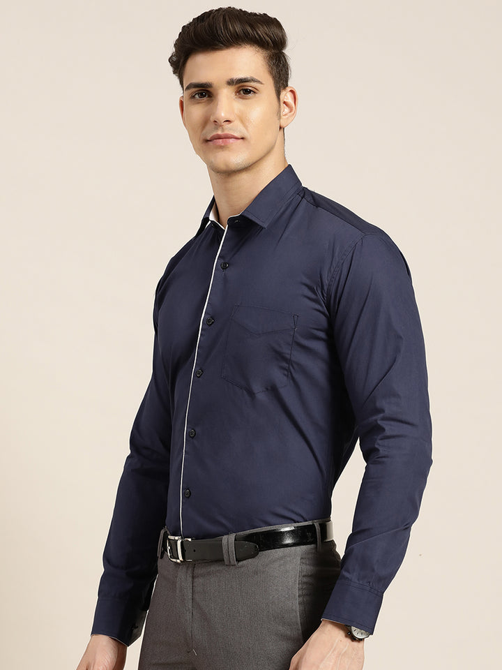 Men Navy Blue Solid Slim Fit Pure Cotton Formal Shirt