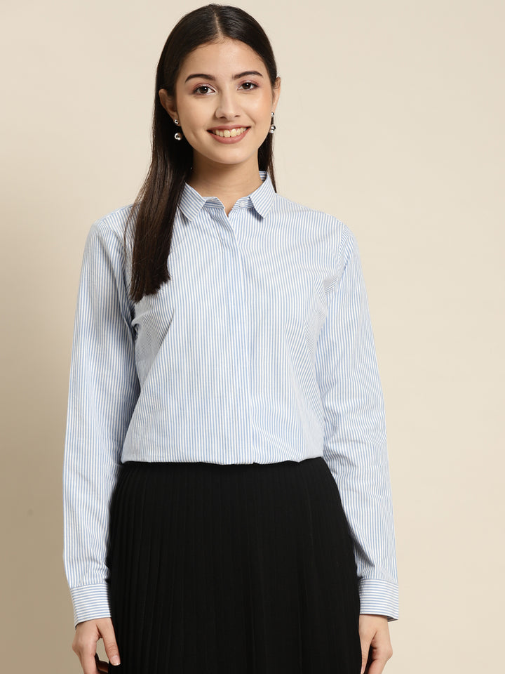 Women Blue & White Striped Pure Cotton Regular Fit Formal Shirt