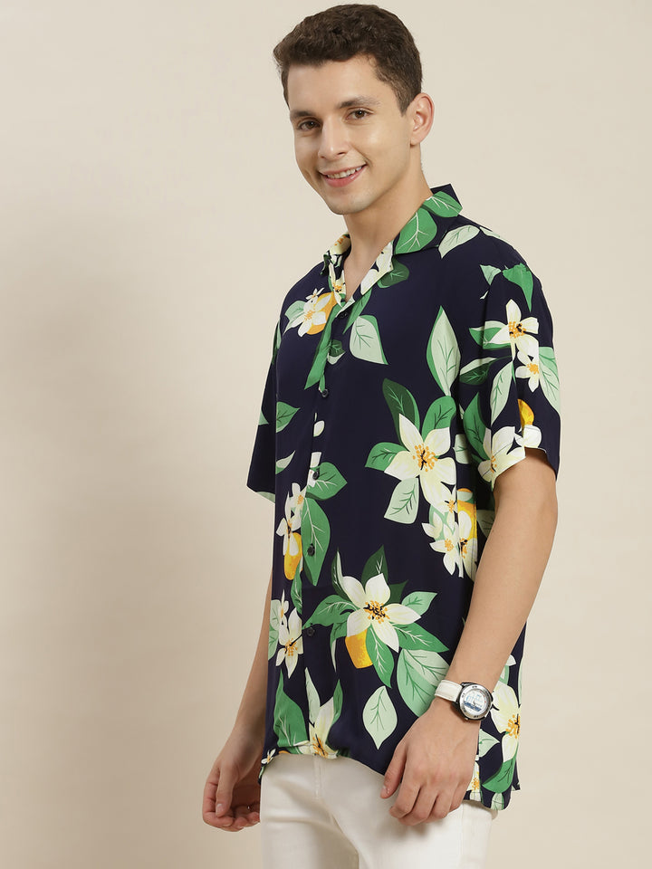 Men Navy & Green Printed Viscose Rayon Regular Fit Casual Resort Shirt