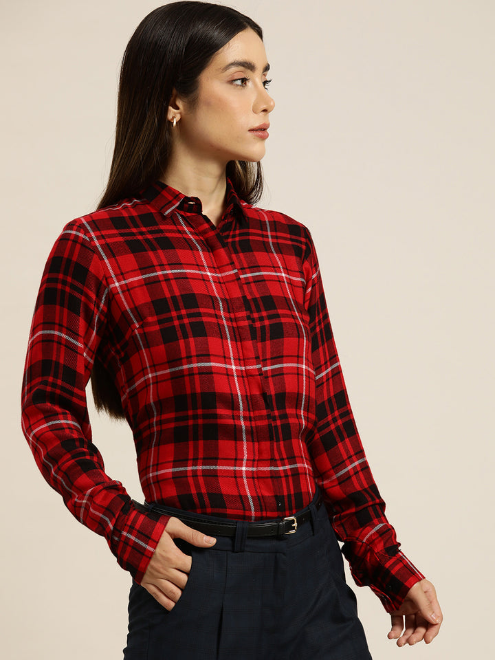 Women Red & Black Checked Viscose Rayon Slim Fit Formal Shirt