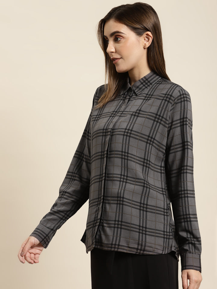 Women Grey & Black Checked Viscose Rayon Regular Fit Formal Shirt