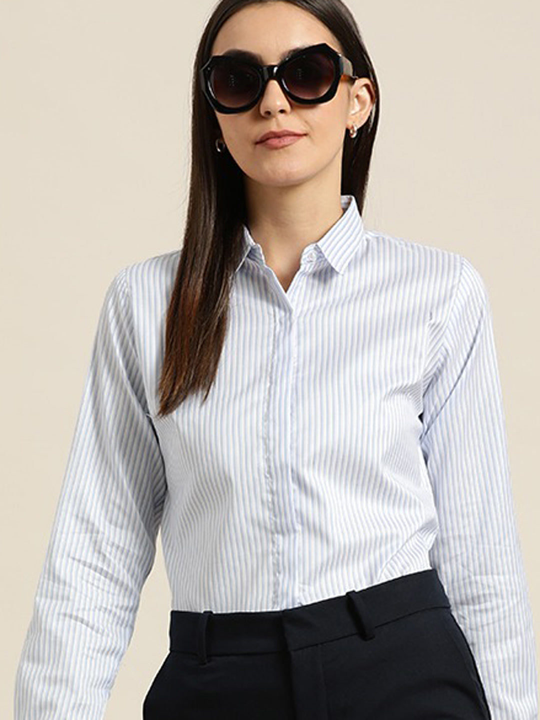 Women White Blue Striped Cotton Slim Fit Formal Shirt
