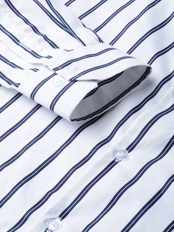 Men White & Navy Pure Cotton Striped Slim Fit Formal Shirt