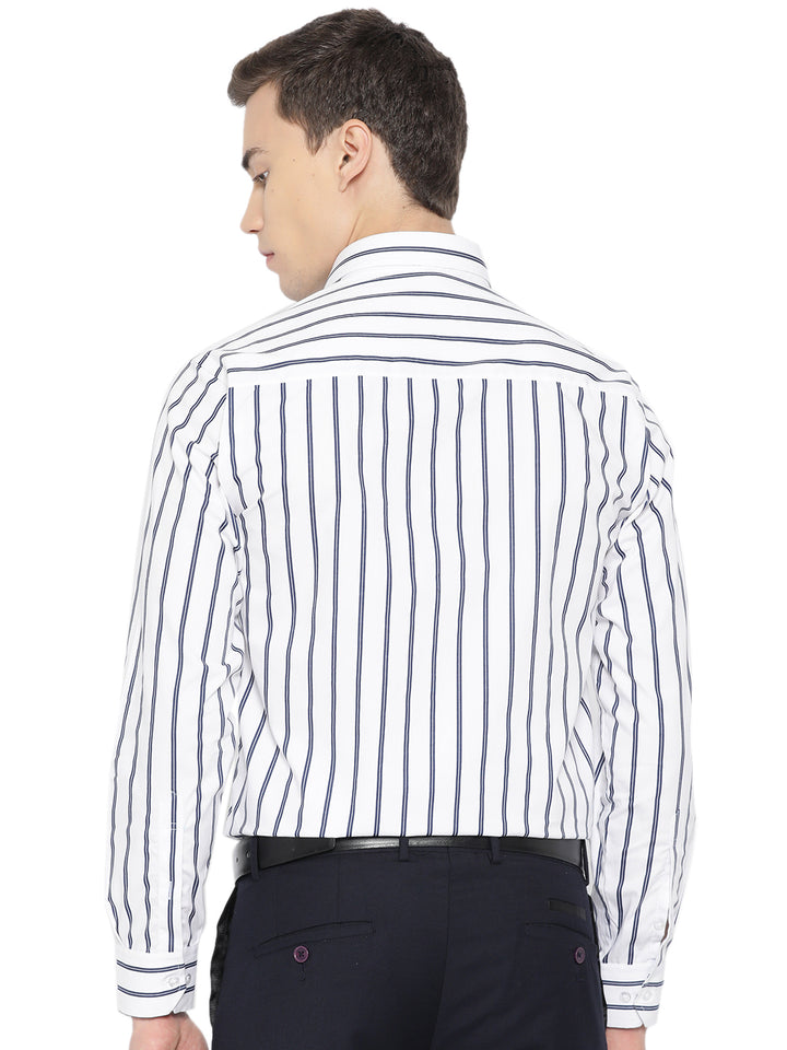 Men White & Navy Pure Cotton Striped Slim Fit Formal Shirt