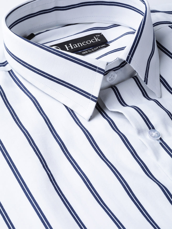 Men White & Navy Pure Cotton Striped Slim Fit Formal Shirt