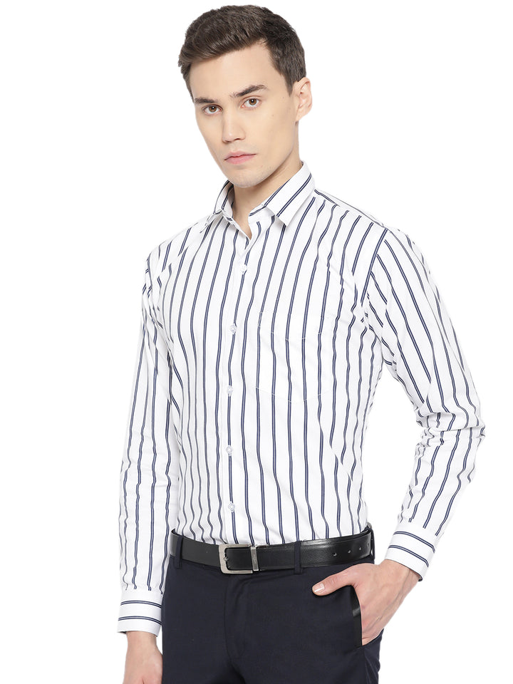Men White & Navy Pure Cotton Striped Slim Fit Formal Shirt