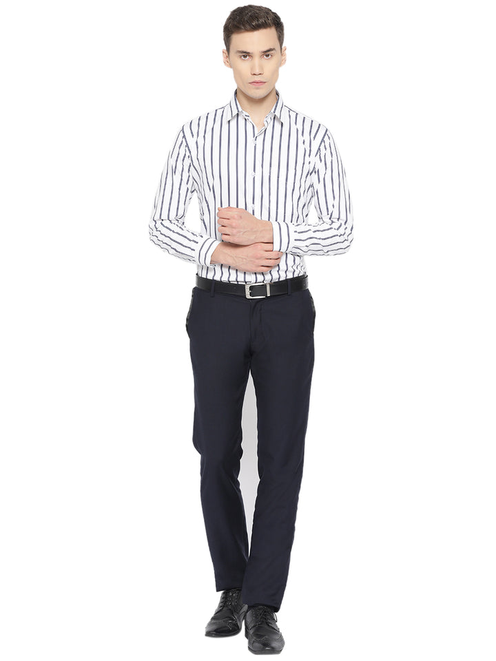 Men White & Navy Pure Cotton Striped Slim Fit Formal Shirt