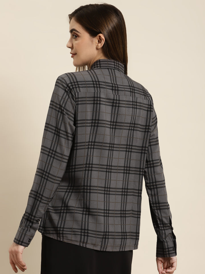 Women Grey & Black Checked Viscose Rayon Regular Fit Formal Shirt