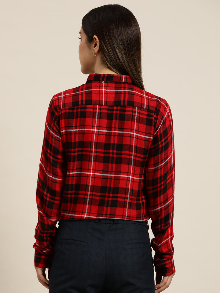 Women Red & Black Checked Viscose Rayon Slim Fit Formal Shirt