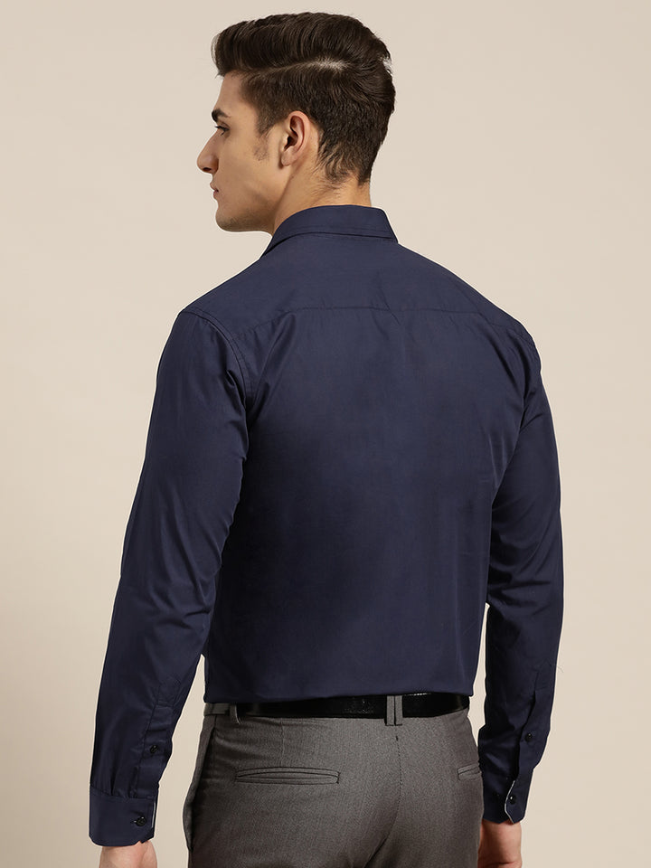 Men Navy Blue Solid Slim Fit Pure Cotton Formal Shirt