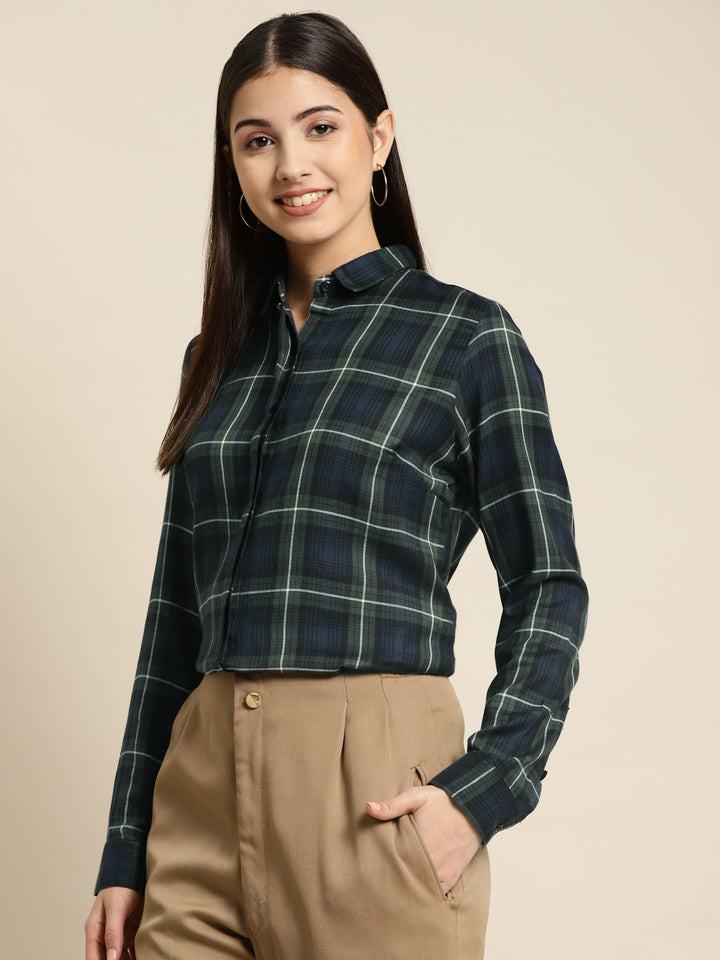 Women Navy & Green Checked Pure Cotton Regular Fit Formal Shirt