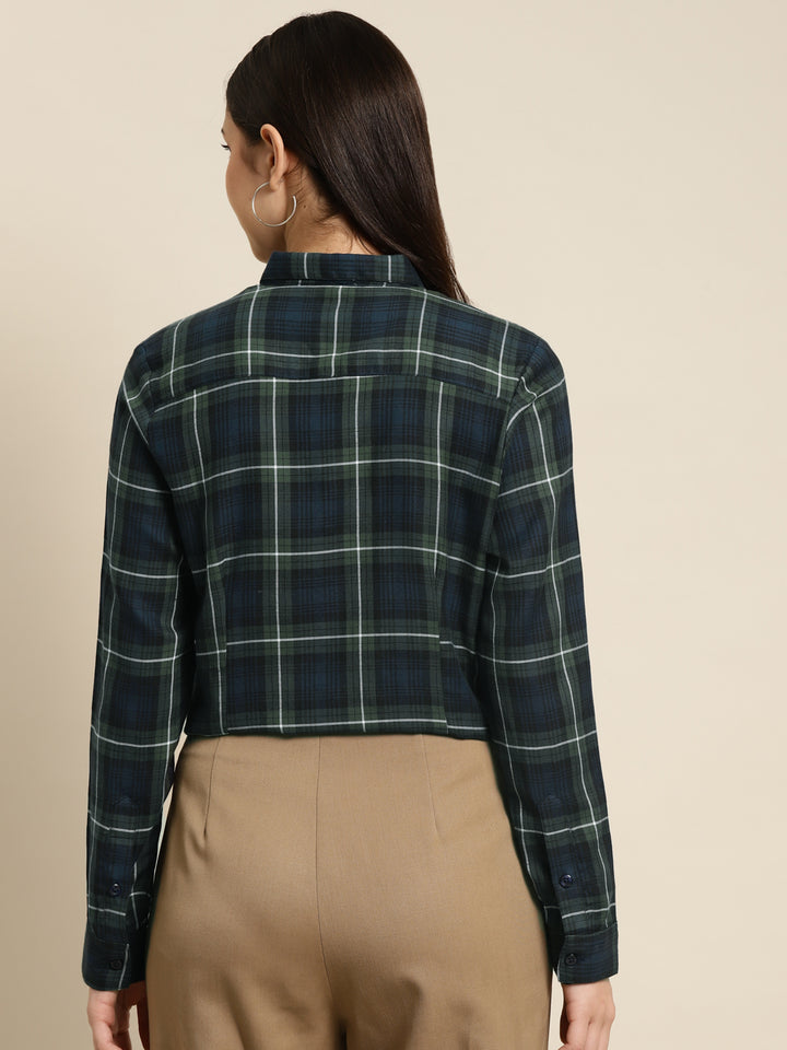 Women Navy & Green Checked Pure Cotton Regular Fit Formal Shirt